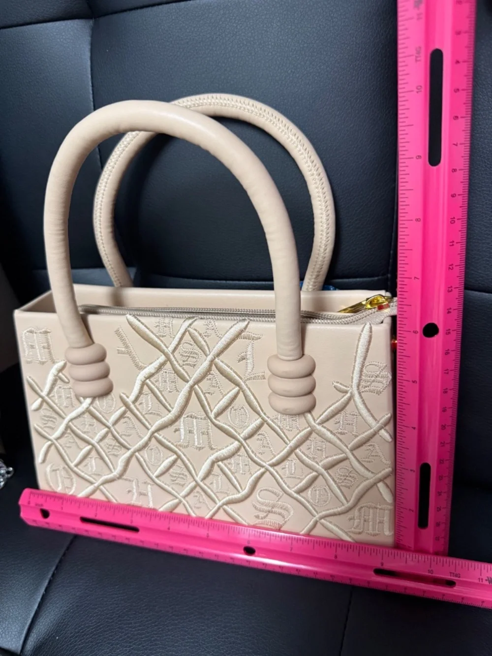 Beige Embroidered Satchel Handbag Top Handle Crossbody Gold Hardware